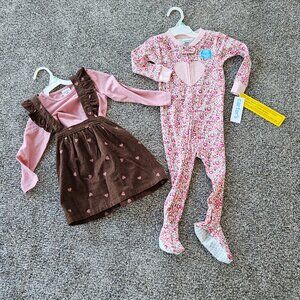 Two Girls 18 months fall/winter outfits one jumper dress and a pair of pj's NWT